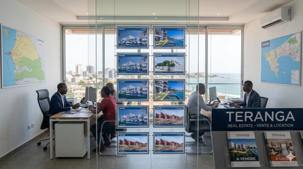 Agence immobilière moderne à Dakar avec affichage de biens