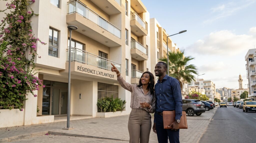 Acheter un appartement à Dakar — couple visitant une résidence moderne